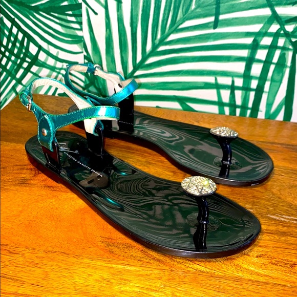 Giuseppe Zanotti Shoes - Giuseppe Zanotti Black Rubber Jewel Ankle Strap Sandals Women’s 37/7